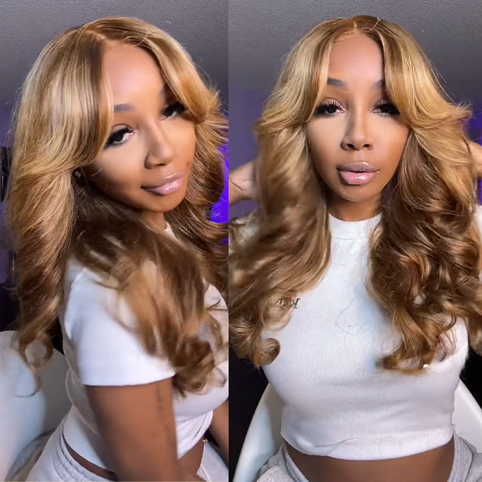 Curtain Bangs Body Wave Human Hair Wig Blonde Highlight 13x4 HD Lace Frontal Wig