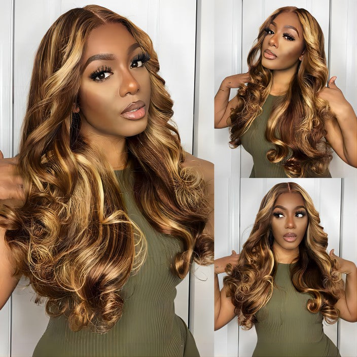 Blonde Highlight Body Wave Wigs #P4/27 Color Upgrade 8*5 Pre Cut Lace Closure Wigs Ready & Go For Sale