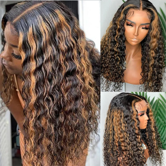 Balayage Highlight Water Wave Transparent HD Lace Front Wigs 100% Human Hair Wig with Pre Plucked Hairline