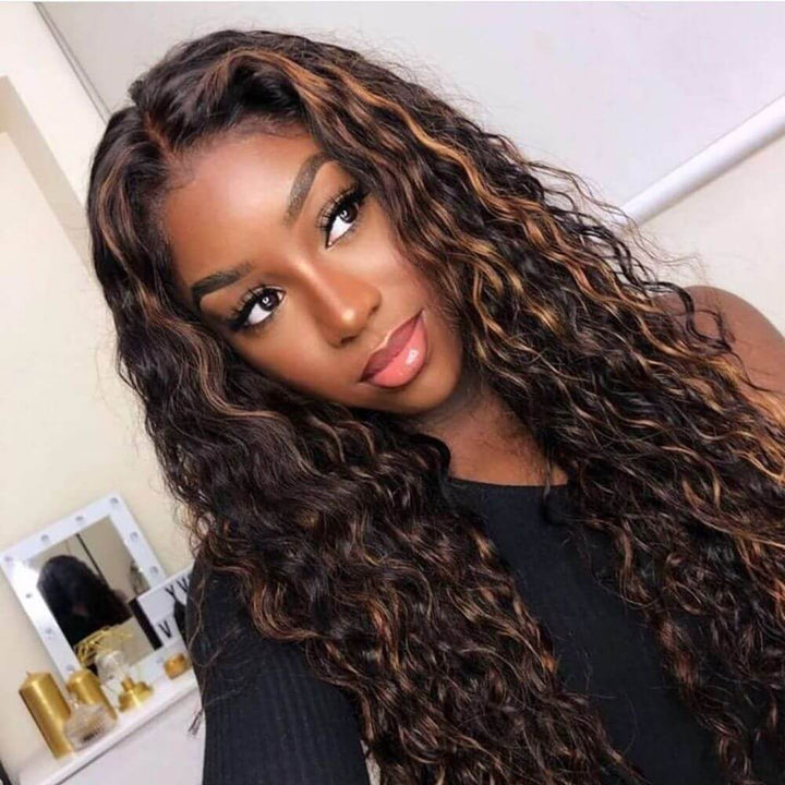 Balayage Highlight Water Wave Transparent HD Lace Front Wigs 100% Human Hair Wig with Pre Plucked Hairline