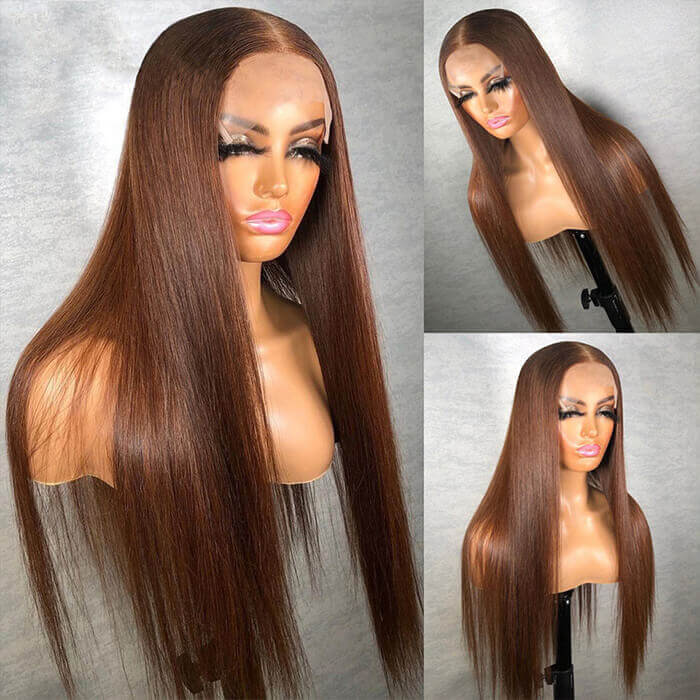 #4 Brown Wig Straight & Body Wave Natural Human Hair Wig Colored Lace Front Wigs