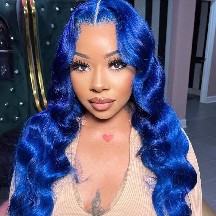 Long Soft Hair Blue Body Wave Wig For Women HD  Lace Front Wig Human Hair For Cosplay