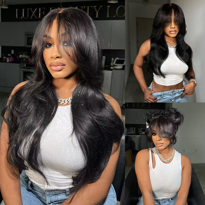 Layered Straight Curtain Bang Wig Ready Go Glueless HD Lace Wig Pre Bleached Tiny Knots Wig