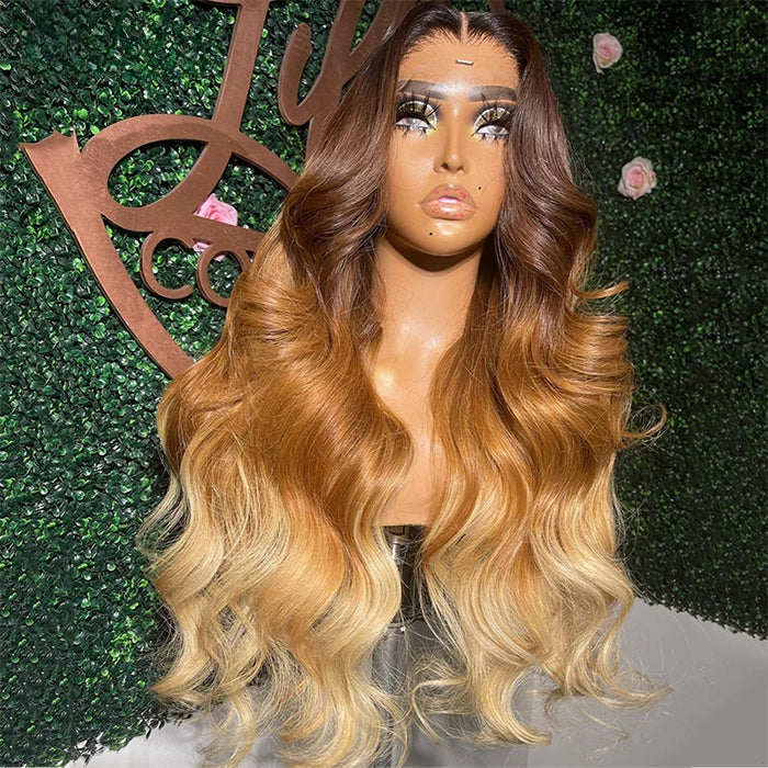 Ombre 4 Tones Loose Body Wave Wigs Glueless Frontal 13x4 HD Lace Wigs Pre-plucked Hairline Human Hair Wig for Women