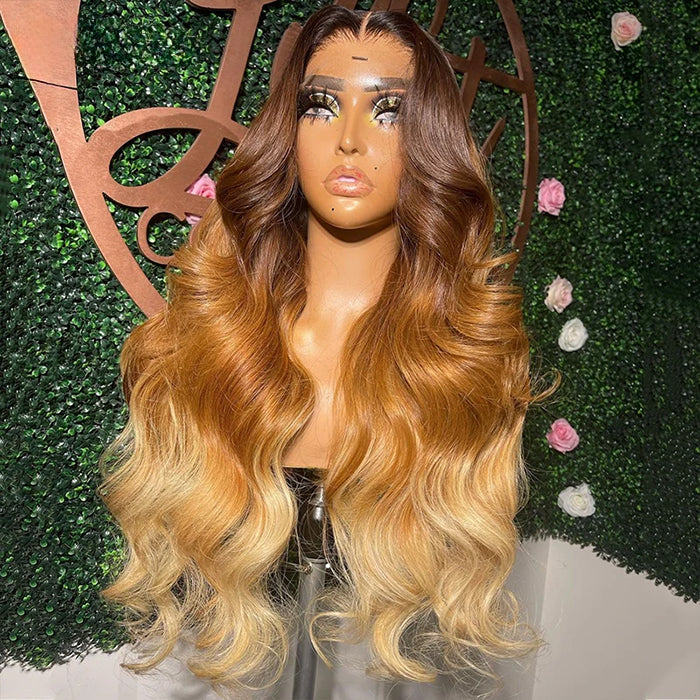 Ombre 4 Tones Loose Body Wave Wigs Glueless Frontal 13x4 HD Lace Wigs Pre-plucked Hairline Human Hair Wig for Women