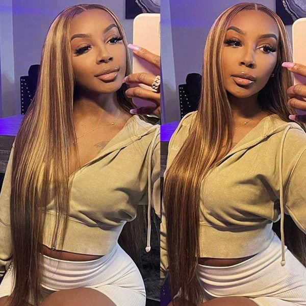 Ready & Go Blonde Highlight Straight Wig Upgrade 8*5 Pre Cut Lace Closure Wigs For Sale #P4/27 Color