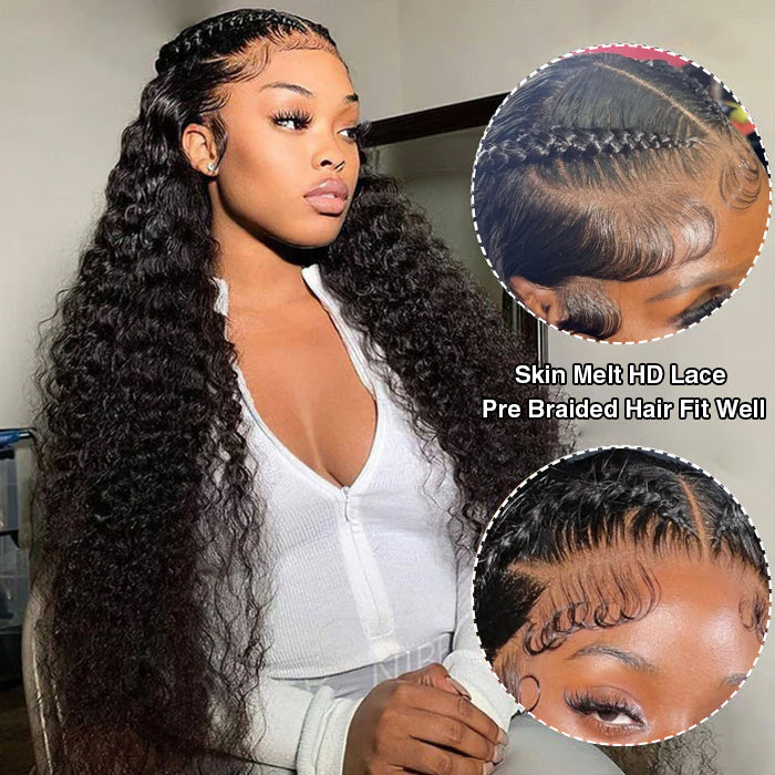 Pre Braided Wig Deep Wave 13x4 13x6 Pre Cut Lace Frontal Glueless Human Hair Wigs