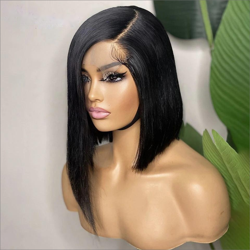 Asymmetrical Blunt Cut Bob Side Part Straight Glueless HD Lace Front Wigs 180% Density