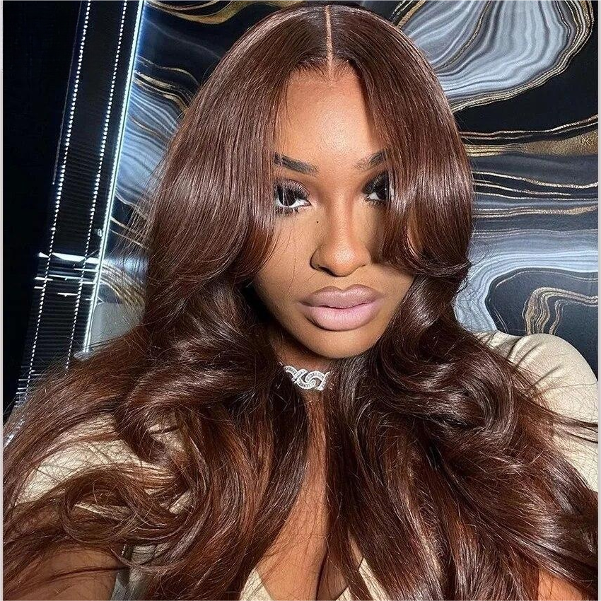 Chocolate Brown #4 Curtain Bangs 13x4 HD Lace Front Body Wave Glueless Human Hair Wigs