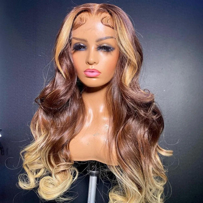 T4/27 Ombre Wigs with Blonde Skunk Stripe Body Wave 13*4/4*4 Lace Front Wig Ombre Blonde Highlight Human Hair Wigs