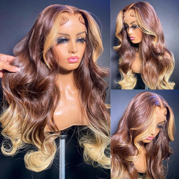 T4/27 Ombre Wigs with Blonde Skunk Stripe Body Wave 13*4/4*4 Lace Front Wig Ombre Blonde Highlight Human Hair Wigs