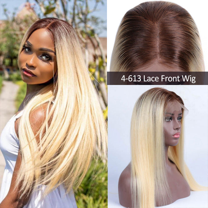 613 Blonde Wig with Brown Roots Ombre 4/613 Color 13x4 HD Lace Front Human Hair Wigs 180% Density