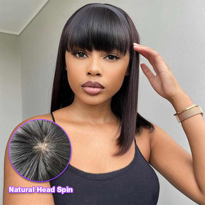 Short Bob Straight Wig With Bangs Glueless None Lace Full Machinemade Human Hair Wigs Quick Install