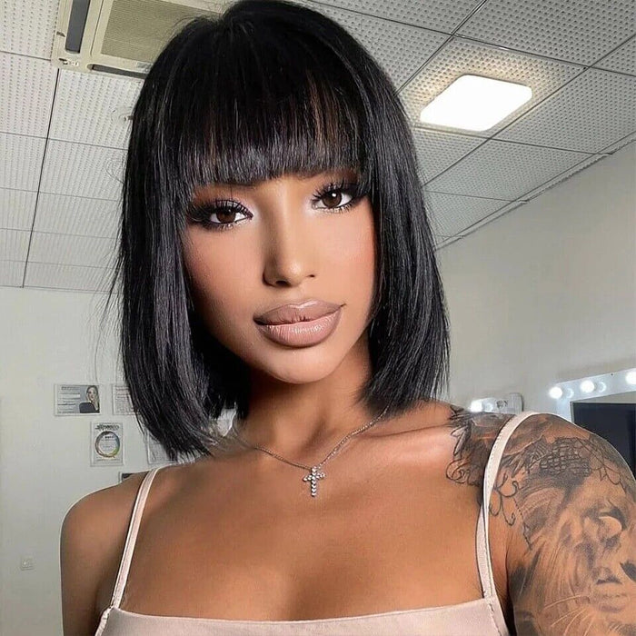 Short Bob Straight Wig With Bangs Glueless None Lace Full Machinemade Human Hair Wigs Quick Install