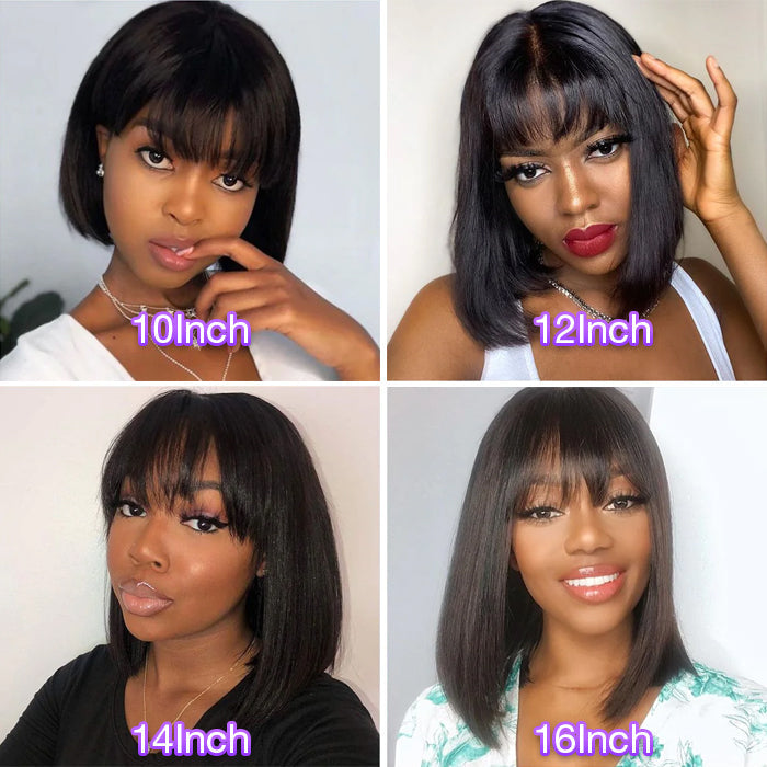 Short Bob Straight Wig With Bangs Glueless None Lace Full Machinemade Human Hair Wigs Quick Install