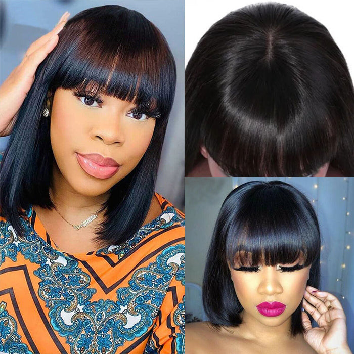 Short Bob Straight Wig With Bangs Glueless None Lace Full Machinemade Human Hair Wigs Quick Install