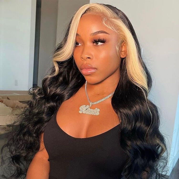 Skunk Stripe Wig with Honey Blonde Highlights Body Wave 13*4 Human Hair Lace Frontal Wig