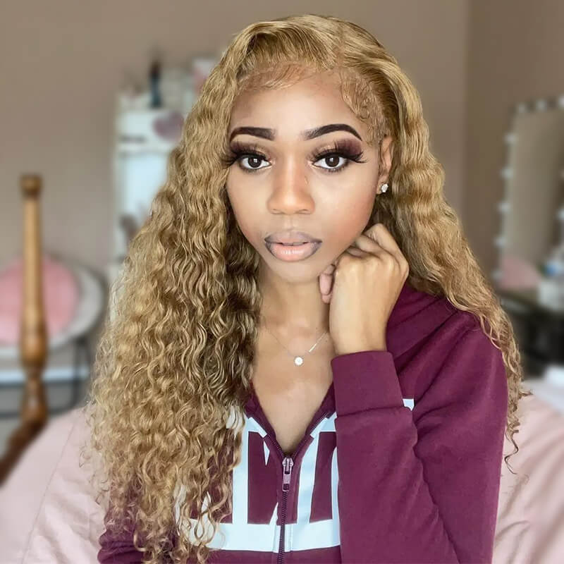 Deep Wave #27 Colored Human Hair Wigs Honey Blonde 13x4 13x6 HD Transparent Lace Frontal Wigs