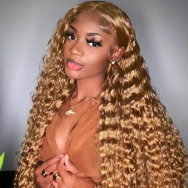 Deep Wave #27 Colored Human Hair Wigs Honey Blonde 13x4 13x6 HD Transparent Lace Frontal Wigs