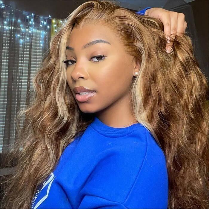 Blonde Highlight Body Wave Wigs #P4/27 Color Upgrade 8*5 Pre Cut Lace Closure Wigs Ready & Go For Sale