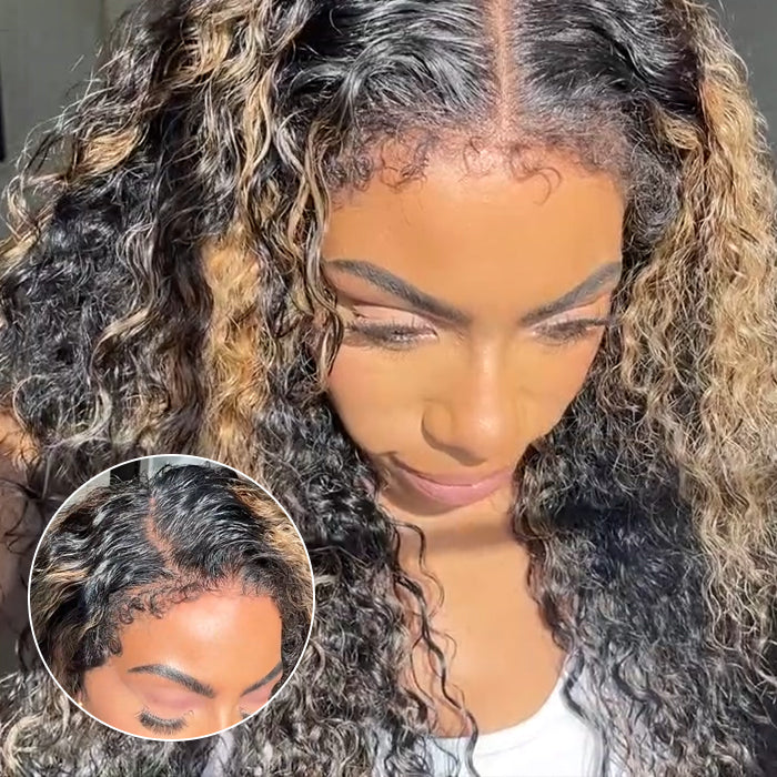 4C Edges Highlight Curly Wig Pre Bleached Knots HD Lace Front Wig Ready Go Glueless Wigs