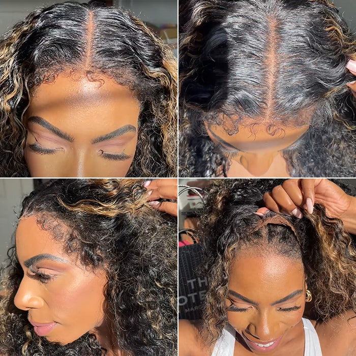 4C Edges Highlight Curly Wig Pre Bleached Knots HD Lace Front Wig Ready Go Glueless Wigs