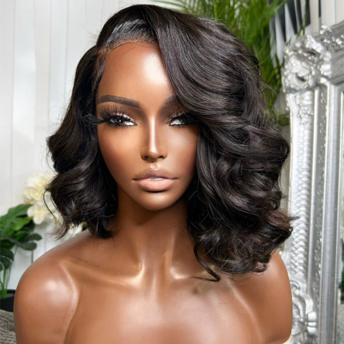 Asymmetrical Side Part Bob Wigs Body Wave Glueless HD Lace Front Wigs 180% Density