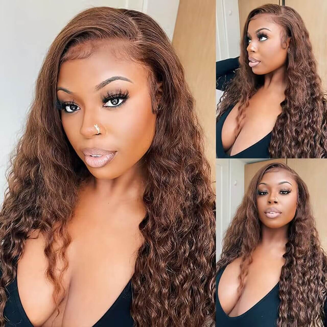 220% Density #4 Chocolate Brown Wig Deep Wave 13x6 HD Transparent Lace Frontal Wigs Pre-Colored Human Hair Wigs