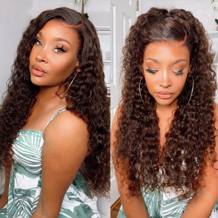 220% Density #4 Chocolate Brown Wig Deep Wave 13x6 HD Transparent Lace Frontal Wigs Pre-Colored Human Hair Wigs