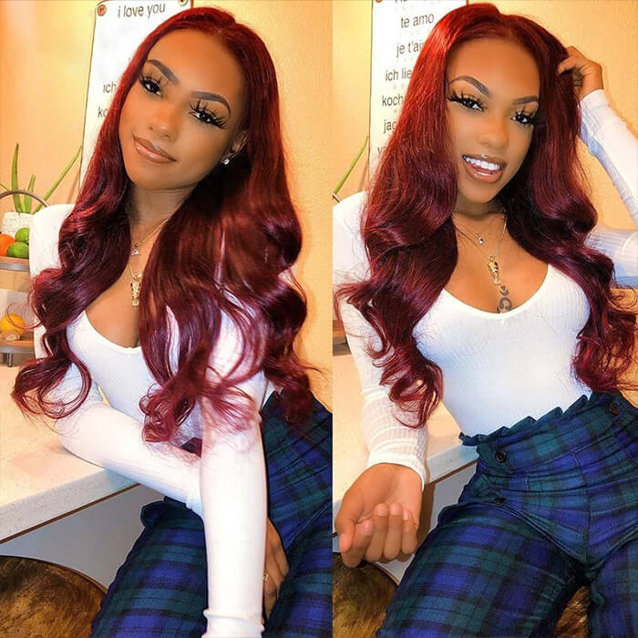 13x6 HD Lace Front Wig Human Hair Wigs 99J Red Burgundy Pre-Plucked Remy Human Hair Deep Part Wigs