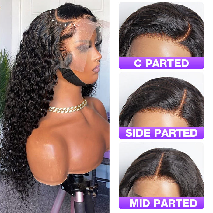 13x4 Frontal Lace C Part Long Wig Deep Wave HD Lace Front Human Hair Wigs With Pre Plucked Hairline