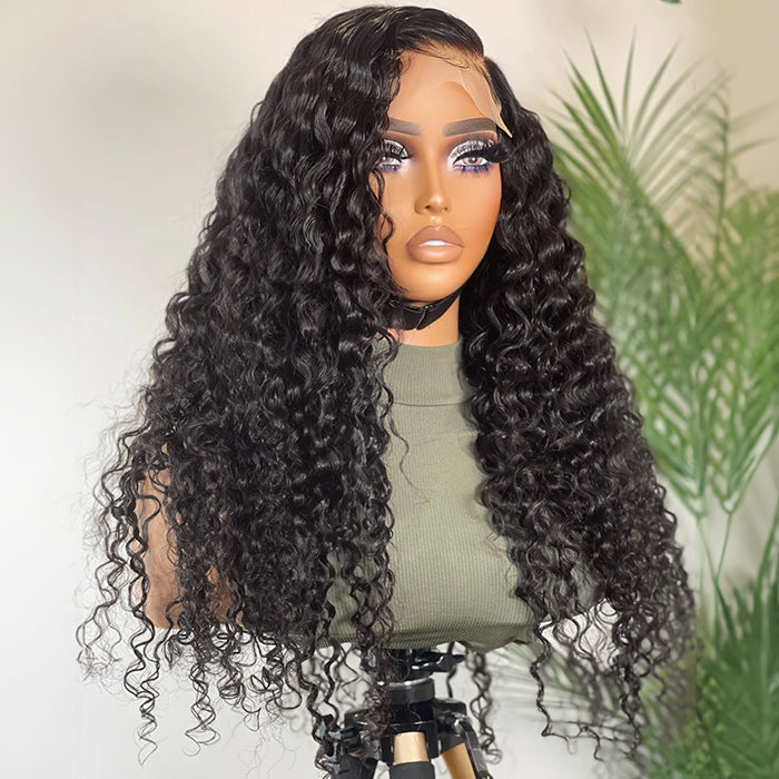 13x4 Frontal Lace C Part Long Wig Deep Wave HD Lace Front Human Hair Wigs With Pre Plucked Hairline