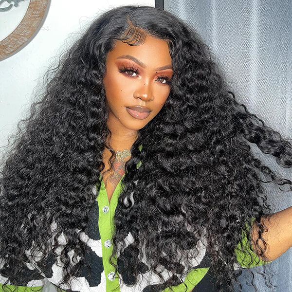 13x4 Frontal Lace C Part Long Wig Deep Wave HD Lace Front Human Hair Wigs With Pre Plucked Hairline