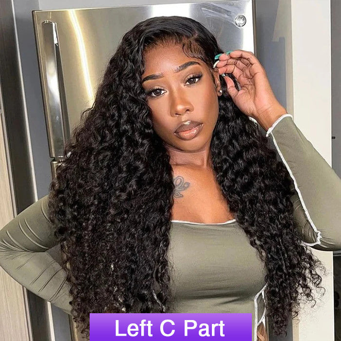 13x4 Frontal Lace C Part Long Wig Deep Wave HD Lace Front Human Hair Wigs With Pre Plucked Hairline