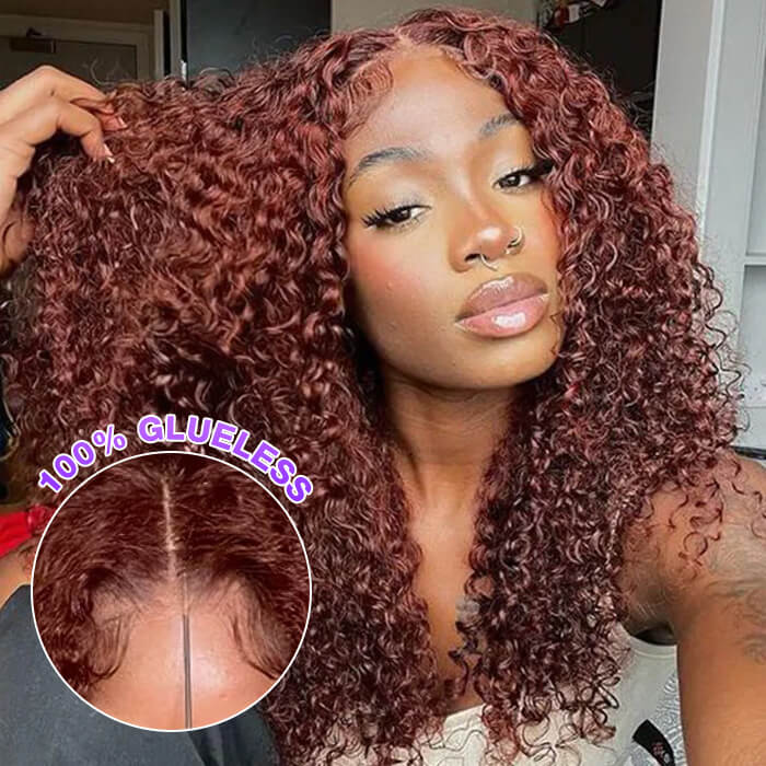 PartingPlus Glueless Curly Wig 8x5 Closure HD Lace 100% Human Hair Wig 33# Reddish Brown Color