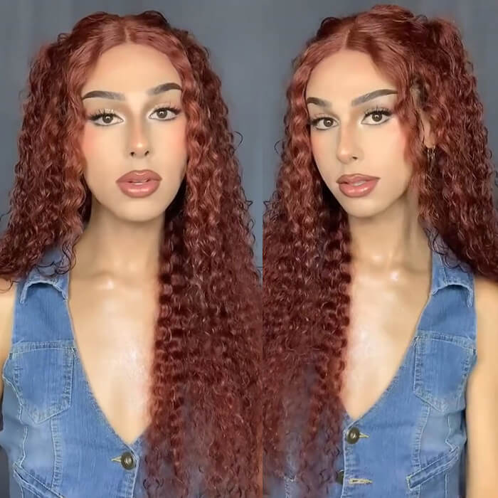 PartingPlus Glueless Curly Wig 8x5 Closure HD Lace 100% Human Hair Wig 33# Reddish Brown Color