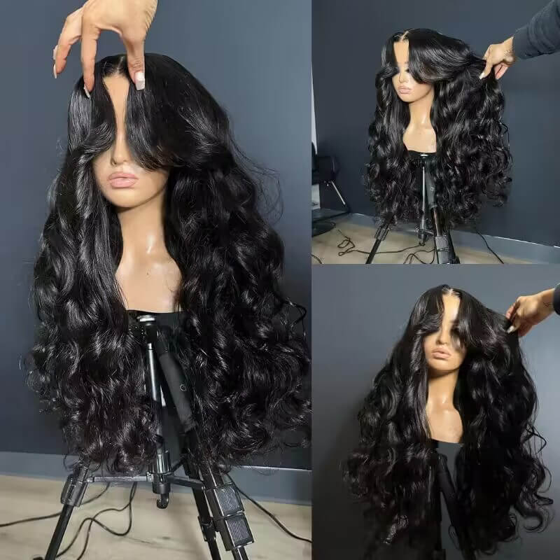 13x6 Lace Frontal Pre-Styled Loose Body Wave Wigs With Curtain Bangs Human Hair Pre Bleached Brailian Wigs For Women