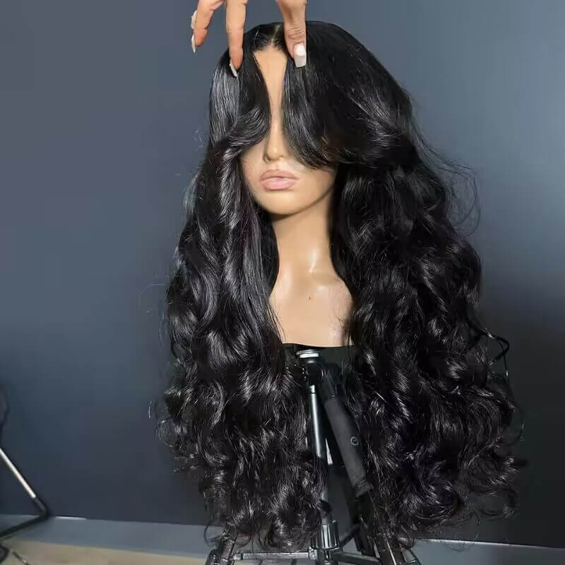 13x6 Lace Frontal Pre-Styled Loose Body Wave Wigs With Curtain Bangs Human Hair Pre Bleached Brailian Wigs For Women