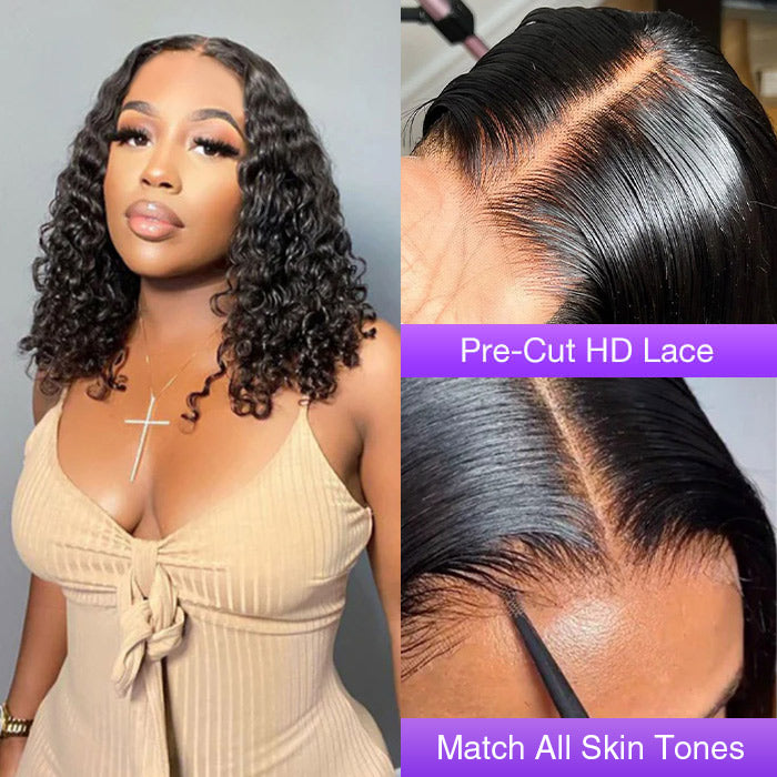 Hermosa Hair Ready & Go Wigs 220% Density Deep Wave 8*5 Pre Cut HD Lace Glueless Bob Wig with Pre Bleached