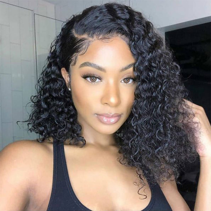 Glueless Asymmetric Side Part Bob Closure Wig Deep Wave 100% Human Hair 180% Density