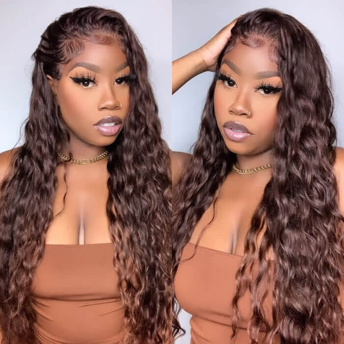 220% Density #4 Chocolate Brown Wig Deep Wave 13x6 HD Transparent Lace Frontal Wigs Pre-Colored Human Hair Wigs