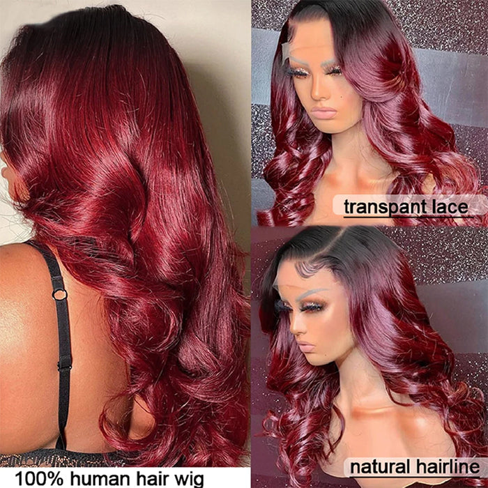 Ombre Colored 13x4 HD Transparent Lace Front Wig Pre Plucked Brazilian Virgin Human Hair Wig For Women