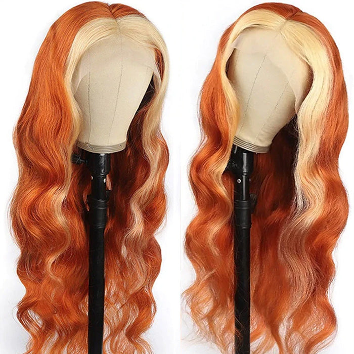 Ginger Wig With Blonde Highlights Colored Lace Front Wigs Body Wave Ombre Human Hair Wigs