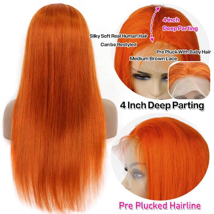 Ginger Orange Straight Wig Glueless HD Lace Front Wigs Human Hair For Women