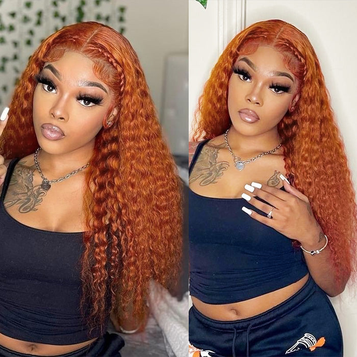 Ginger Orange Colored Human Hair Wigs Pre Plucked Deep Wave HD Lace Frontal Wigs