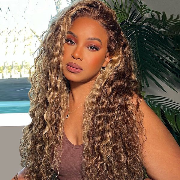 Hermosa Highlight Water Wave Transparent HD Lace Front Wigs 100% Human Hair Wig with Pre Plucked Hairline