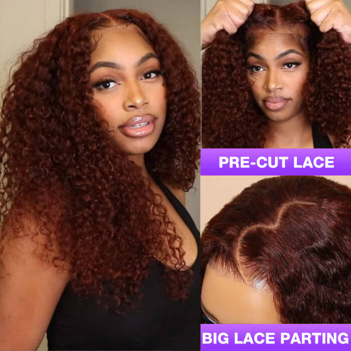 Glueless Lace Reddish Brown Curly Wig With Bleached Knots 8x5 Pre Cut HD Lace Put On And Go Wig