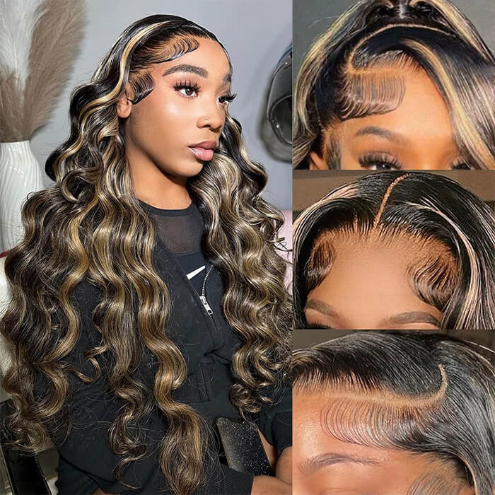 1B/27 Balayage Highlight 13x6 Glueless HD Lace Front Wig Body Wave Straight Pre Plucked Colored Human Hair Wigs