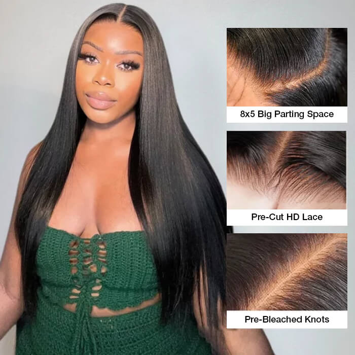 Glueless Straight Wig 8x5 Closure HD Lace 100% Human Hair Wigs With Invisible Bleached Small Knots