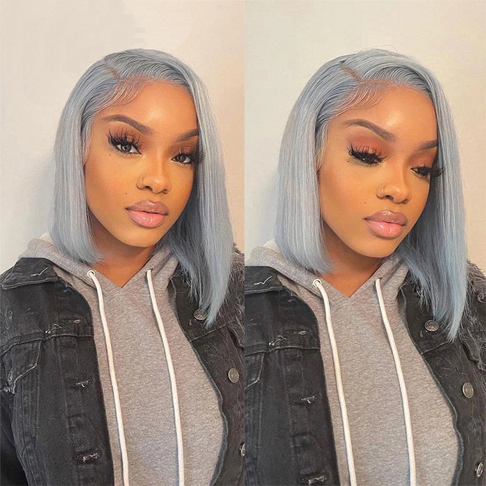 Grey 13x4 Lace Front Human Hair Wigs  Straight Colored Sliver Bob Lace Wigs For Black Women Pre Plucked 150%